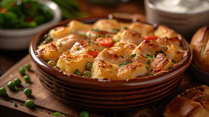 Zelfklevend Fotobehang A casserole dish filled with comfort food on a wooden table © yuchen