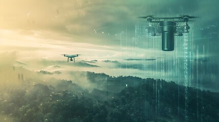 Drone flying over misty forest, digital matrix rain, technology meets nature.