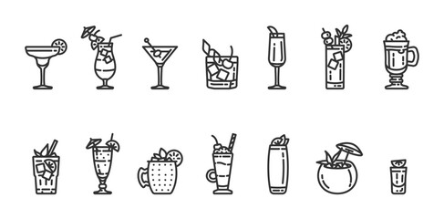 Alcoholic cocktails icon set.
