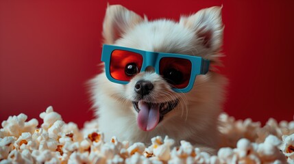 Cute Pomeranian Spitz dog watching a movie in 3D glasses with many popcorn. Advertising of movie theaters, online cinemas, watching movies at home - obrazy, fototapety, plakaty