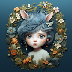 A little girl with cat ears and whiskers in a frame of wildflowers. A young kid surrounded by flowers in a dreamy illustration. AI-generated