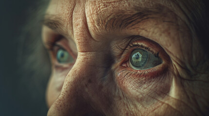Sad eyes of an old woman suffering from Alzheimer's disease, losing memory and memories. trying to remember himself, Problems of Alzheimer's patients, helplessness and loss of mind - obrazy, fototapety, plakaty