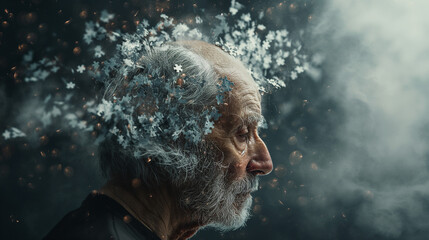 A sad old man suffering from Alzheimer's disease loses his memory and memories, like puzzle pieces scatter from his consciousness. Problems of Alzheimer's patients, helplessness and loss of mind - obrazy, fototapety, plakaty