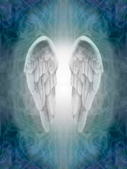 Angel healing book cover design - angel wings against a blue and jade green symmetrical wispy ethereal background with space for title and author above and below
- 754961837