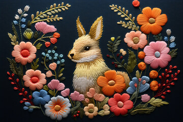 Embroidery of a wild rabbit sitting in a meadow surrounded by flowers at night. Brown bunny in natural habitat embroidered on dark fabric. AI-generated