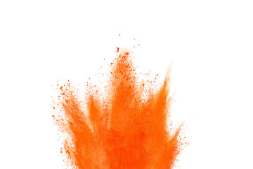 Explosion of colored powder Abstract powder splatted background. white background. Colored cloud. Colorful dust explode. Freeze motion of orange color powder exploding 