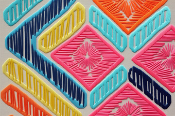 A close-up of colorful decorative embroidery on a gray background. Shapes of yellow, blue and pink creating an abstract geometric pattern. AI-generated