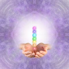 Reiki master offering the seven chakras - purple symmetrical ethereal background square with cupped hands emerging and a stack of seven vortex chakras floating above
- 754962413