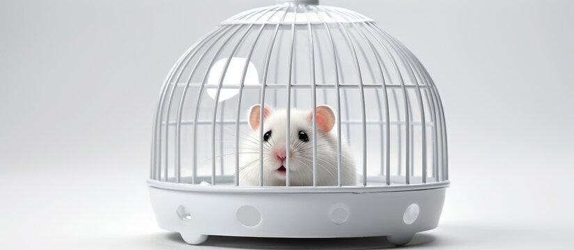 A white Muroidea with whiskers and a snout is inside a White bird cage, a Pet supply used for rodents like Hamsters. The Mouse seems comfortable in its new Cage with enough Food
