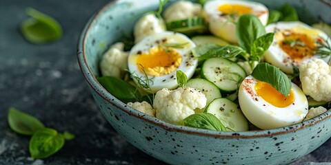 Fresh vegetables salad with eggs and zucchini