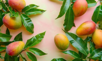 Beautiful fresh ripe Mangoes on a branch, closeup 