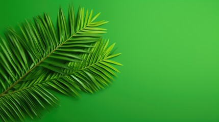 Palm tree with tropical leaves on a green background with a place for text. The concept of recreation, tourism and sea travel.