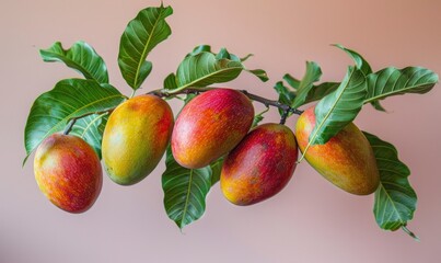 Beautiful fresh ripe Mangoes on a branch, closeup 