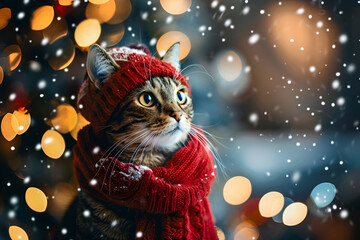 A cute orange cat in a Knitted hat and scarf on a blurred green background with a snow and bokeh effect. Horizontal banner with congratulations on the New Year and Christmas