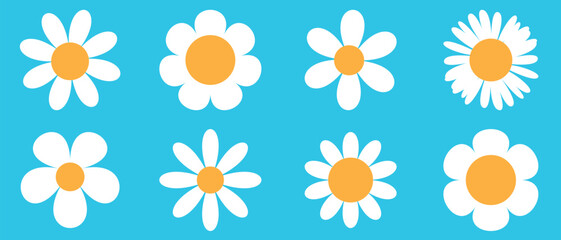 White Daisy Chamomile silhouette icon set. Camomile big set.Cute round flower plant collection. Love card symbol. Simple different shape. Growing concept. Flat design. Isolated. 