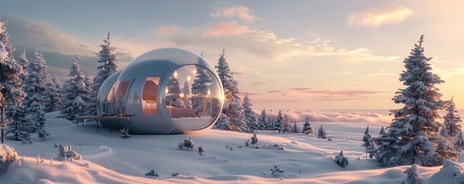 A cozy cabin entirely encased in a bubble floating gently over a snow-covered landscape