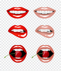 Beautiful sexy female lips in red and beige nude colors and teeth in braces. Set of isolated vector illustrations on transparent background