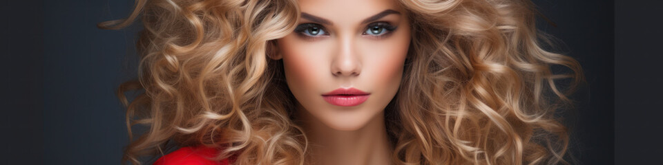 Fototapeta premium Beauty redhead girl with long and shiny wavy red hair. Beautiful woman model with curly hairstyle .