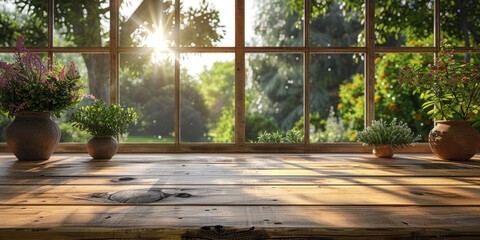 Empty wooden brown window sill for product display and presentation. From the window there is a beautiful summer or spring view of the green garden - obrazy, fototapety, plakaty