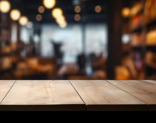 Fotobehang Empty wooden table for product demonstration and presentation on the background of a bar, store, with alcoholic drinks © syhin_stas