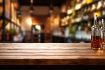 Empty wooden table for product demonstration and presentation on the background of a bar, store, with alcoholic drinks