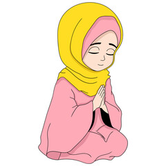 cartoon doodle illustration of people doing religious activities, a Muslim girl wearing a hijab is sitting praying