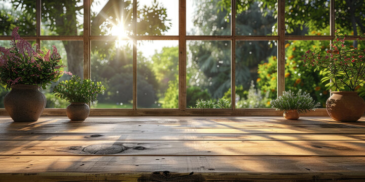 Fototapeta Empty wooden brown window sill for product display and presentation. From the window there is a beautiful summer or spring view of the green garden