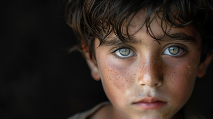 Portrait of sad arab boy looking at the camera closeup.  There is enough free space on the photo for your use.