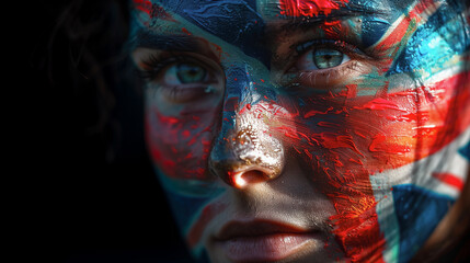 Closeup portrait of a young woman with face painted in the colors of the UK flag. Concept of patriotism and nationalism.