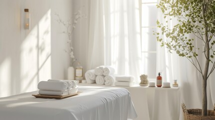 Beautiful spa elements on the massage table in the wellness center. Massage on light wooden background. blur living room, natural creams and moisturizing Healthy lifestyle
