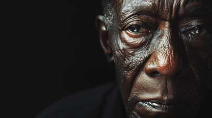 Portrait of an old African American man closeup. His sad face is wrinkled. There is enough free space on the black background of the photo.