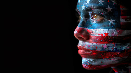 Side view portrait of a young woman with face painted in the colors of the United States flag. There is plenty of free space for your use on the left side of the photo.