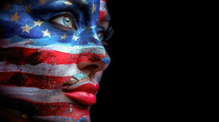 Side view closeup portrait of a beautiful woman with face painted in the colors of the USA flag. All is on the black background.