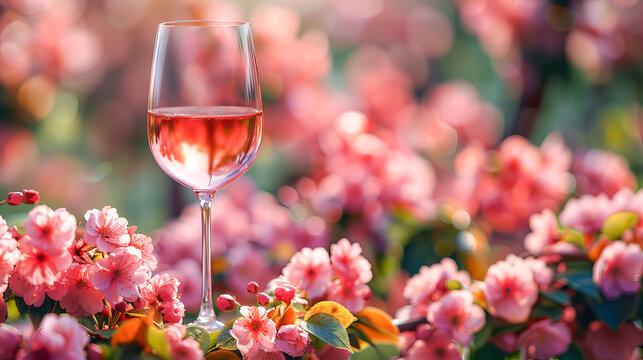 Glass of wine against the backdrop of a blooming garden in spring. Free space for text