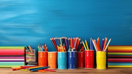 Obraz premium Vibrant back to school background with colorful pencils, books, and stationery arranged in a creative composition, school, education, creativity, stationery.
