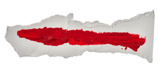 Torn piece of white paper with red paint swatch on isolated background
