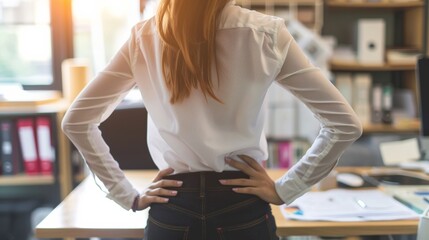  woman holding her lower back while and suffer from unbearable pain health and problems, chronic back pain, backache in office syndrome, scoliosis, herniated disc, muscle inflammation