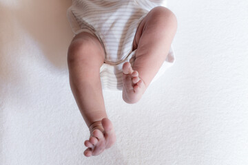 Cute little new born baby feet lying on white blanket bed, space for text. Banner design. High quality photo