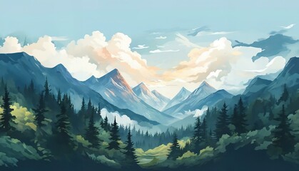 2d illustration of mountains and forest as a background with clouds in watercolor - obrazy, fototapety, plakaty