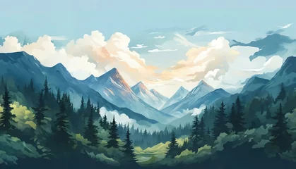  2d illustration of mountains and forest as a background with clouds in watercolor © kapatata