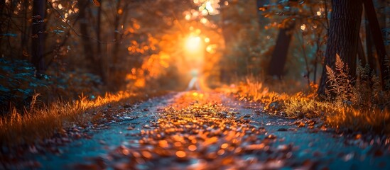 Bokeh Background Gradient with Serene Forest Path at Vibrant Sunset, Evoking Romanticism - obrazy, fototapety, plakaty
