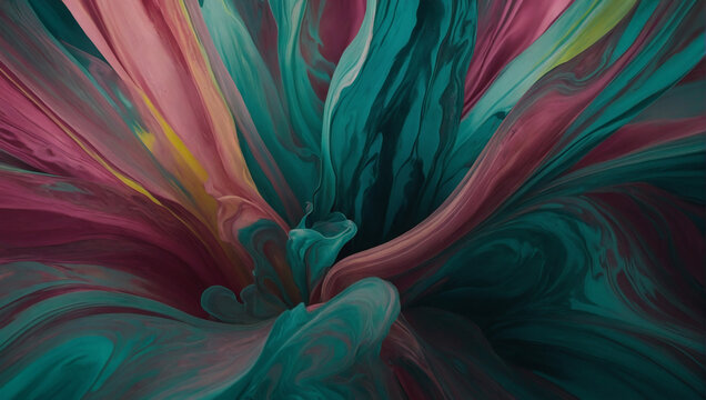 Dynamic teal, rose, and chartreuse color flow in an abstract design.