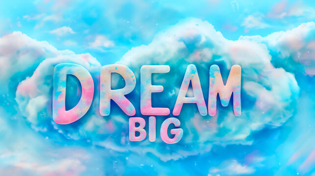 Naklejki Text "Dream Big" written on the blue clouds. Inspirational or motivational message or phrase. Short conceptual quote symbolizing opportunity and attitude in life, reach the goal, overcome obstacles