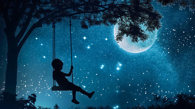 Silhouette of a little toddler boy sitting on a swing that is hanging on a tree outdoors in the evening, looking at the moon and starry night sky. Male child or kid leisure time, childhood dreams