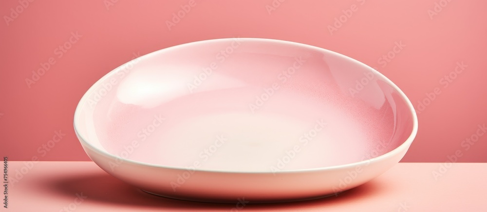 Poster a pink porcelain bowl is placed on a matching pink table, creating a harmonious display of dishware 