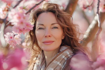 Naklejka premium Portrait of a beautiful woman posing in front of a blooming cherry tree