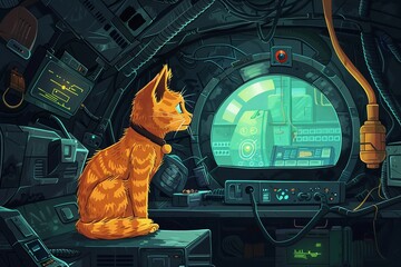 A crafty orange cat treasure hunter discovering a secret underground laboratory filled with futuristic technology and strange experiments - obrazy, fototapety, plakaty