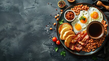 Full English breakfast on a plate with fried eggs, sausages, bacon, beans, toasts and coffee