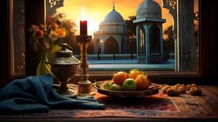 Ramadan Kareem background with arabic lanterns, lamps and vibrant window