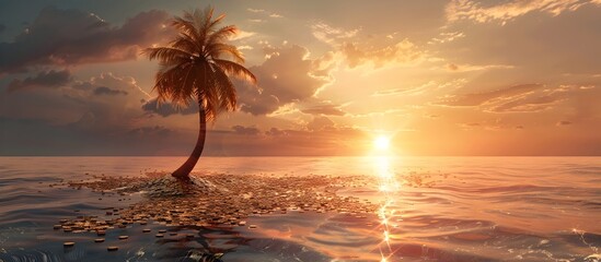 Palm Tree Island at Sunset Surrounded by Golden Coins in Hyper-Realistic Style - obrazy, fototapety, plakaty